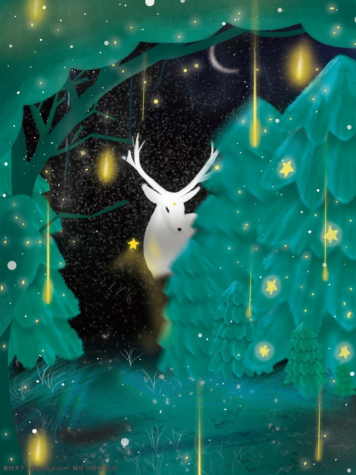 绿色 梦幻 圣诞节 森林 背景 梦幻背景 圣诞背景 手绘背景 绿色森林 萤火虫 麋鹿 小清新背景