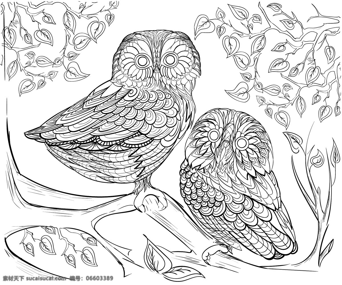 黑白 手绘 可爱 猫头鹰 插画 植物 树枝 艺术