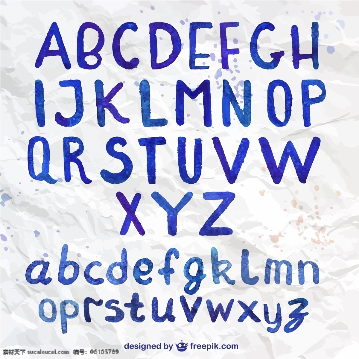 大小写 英文 字母 矢量图 墨迹 蓝色 水彩 艺术字 英文字母 褶皱 纸张