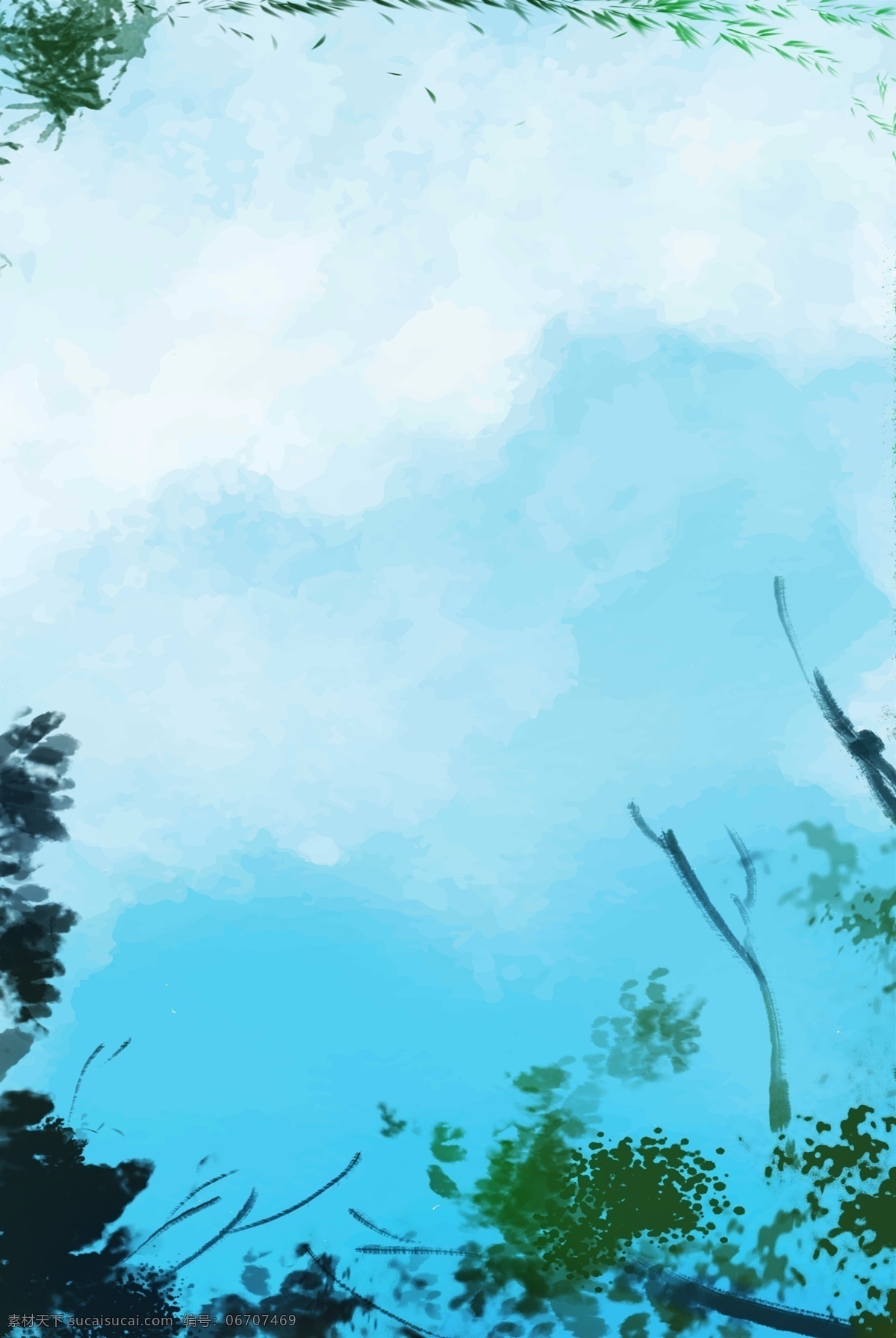 蓝色天空 风景 背景 电商 淘宝 春天 手绘 插画 自然风景 蓝色 天空 树木 渐变 清新 春季上新 淘宝背景