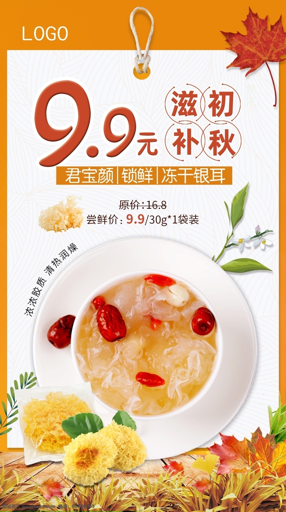 银耳海报 银耳 花草 初秋 绿叶 枫叶