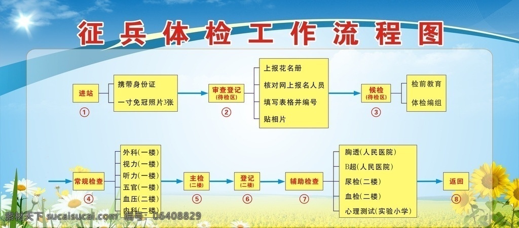 征兵 体检 流程图 征兵体检 体检流程图 蓝色底图 向日葵