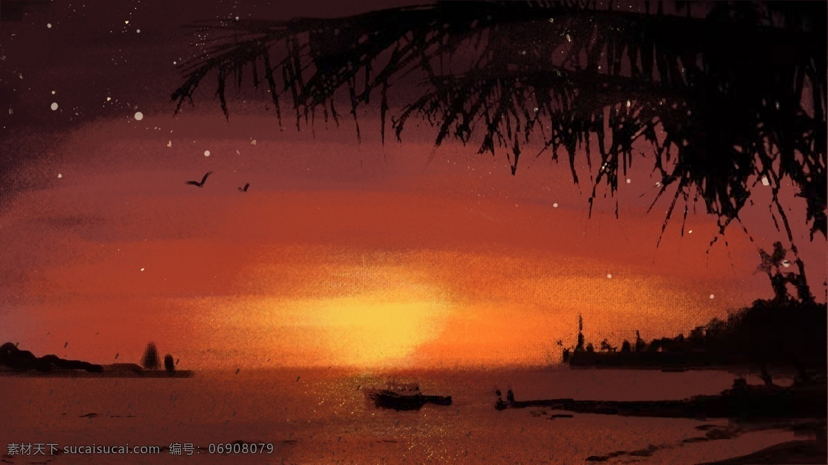 夕阳 渲染 秦皇岛 外 打渔 船 城市 树木 渔船 插画 海 海鸟 手绘