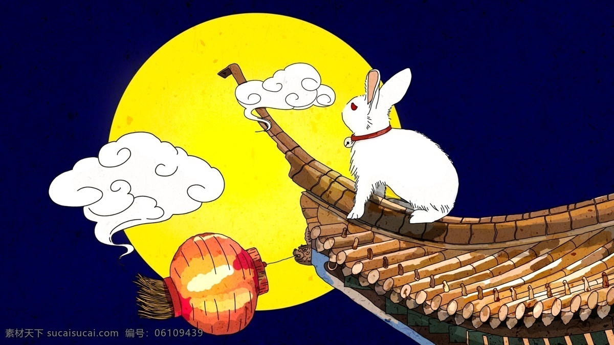 原创 中秋节 赏月 古典 屋檐 上 兔子 插画
