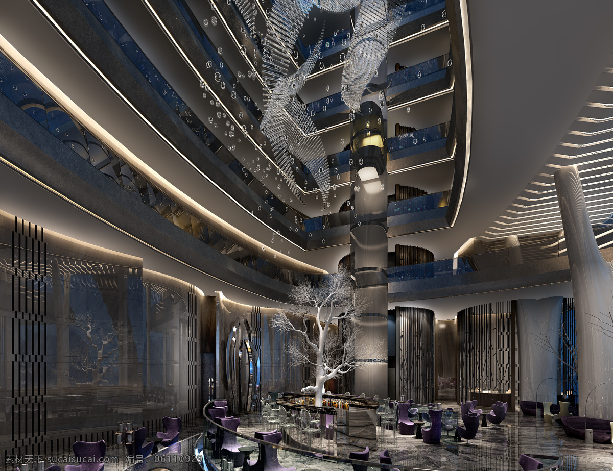 奢华 大气 酒店 餐厅 装修 效果图 大厅 灰色吊顶 水晶灯 白色灯光 餐桌 桌椅
