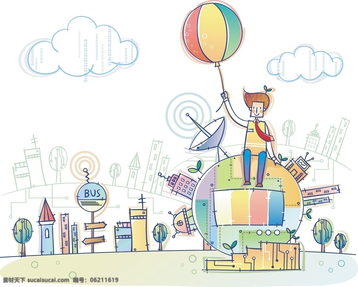 卡通科技生活 卡通小人 楼 房 地球 地产 云彩 阶梯 气球 小树 信号接收器 电视 动漫插画 嫩芽 五彩生活 矢量素材 其他矢量 矢量