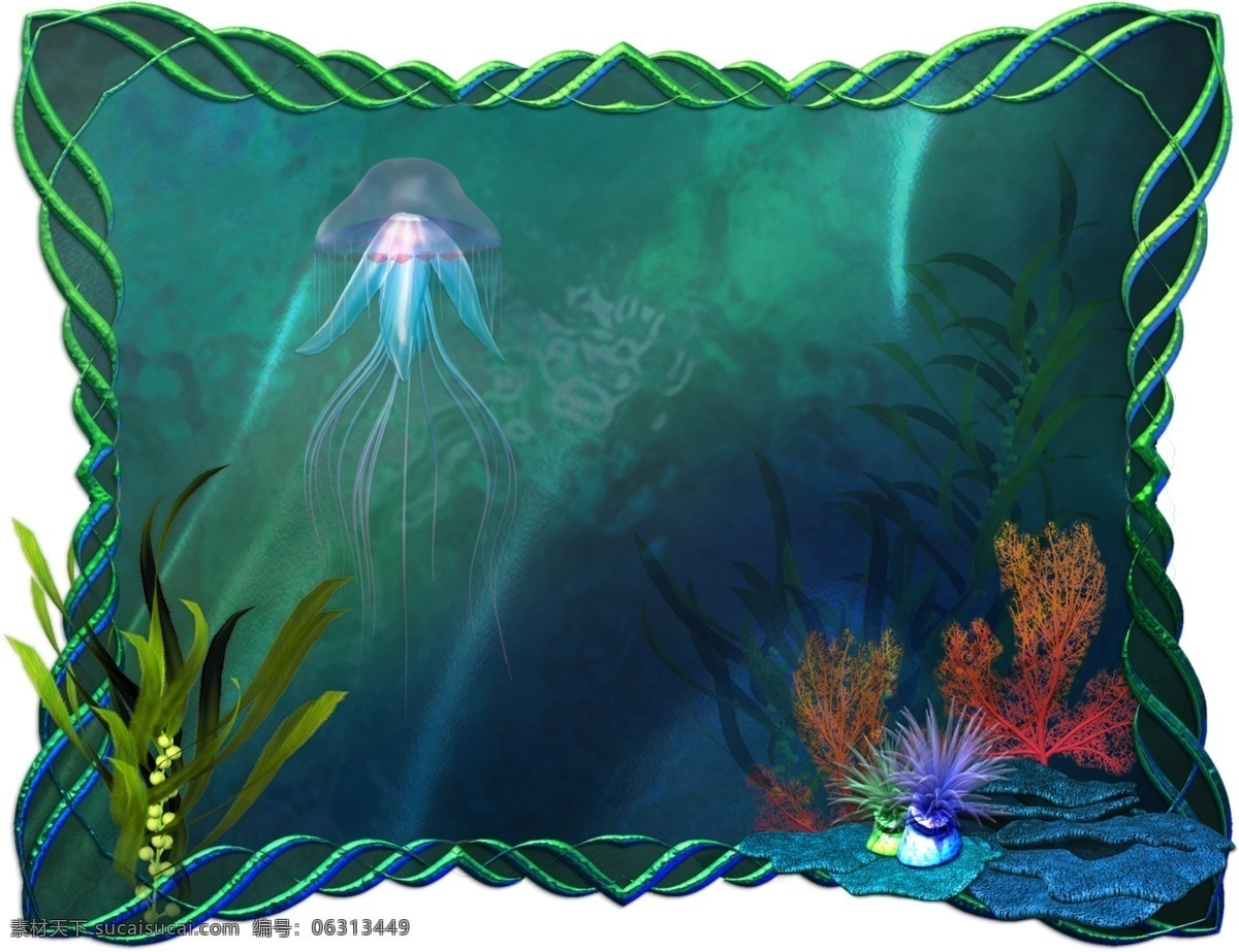 海洋生物 水母 边框 模板 下 海洋鱼类 相框边框 相框设计 蓝色 绿色 相框 psd源文件