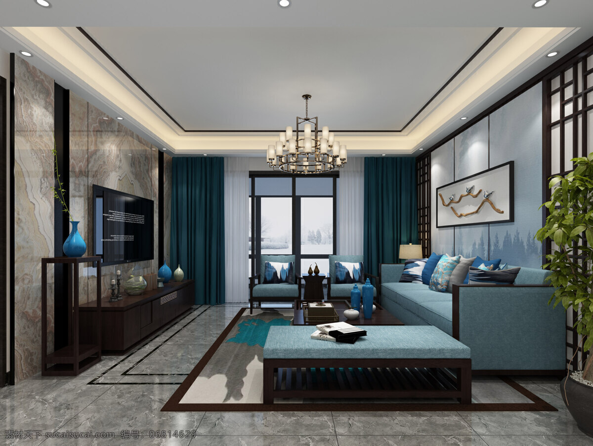 新中式客厅 室内设计 新中式 客厅 效果图 贵妃蓝 3d设计 3d作品