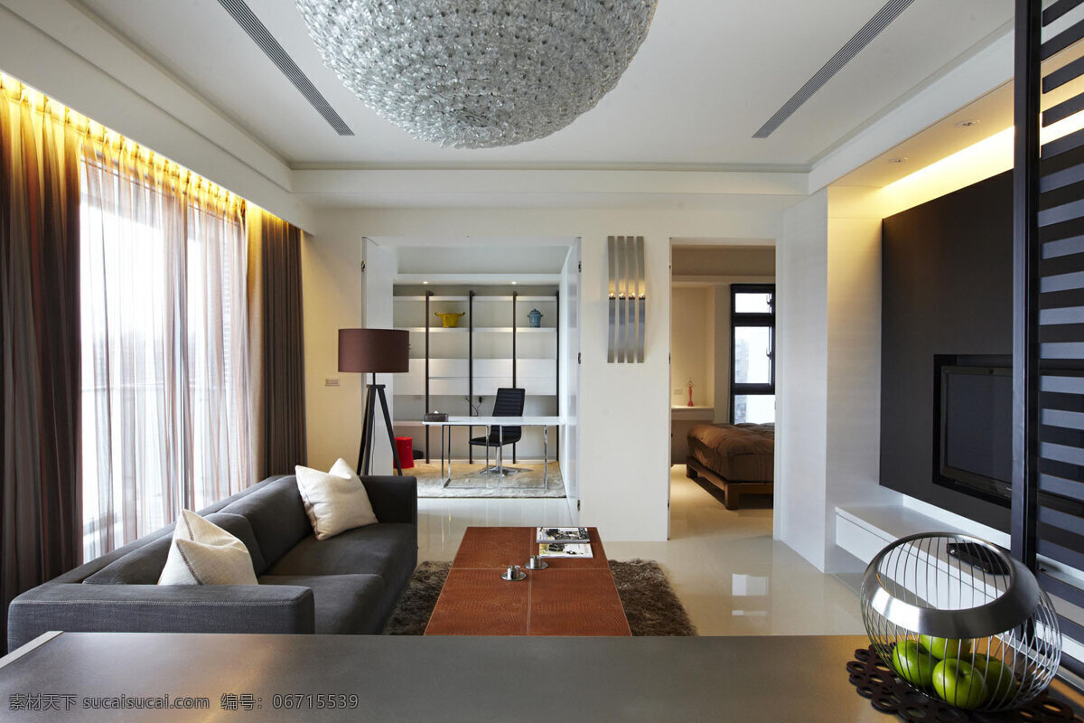 简约 客厅 灰黄色 窗帘 装修 效果图 方形吊顶 个性吊灯 灰色地板砖 灰色 电视 背景 墙 木质电视柜