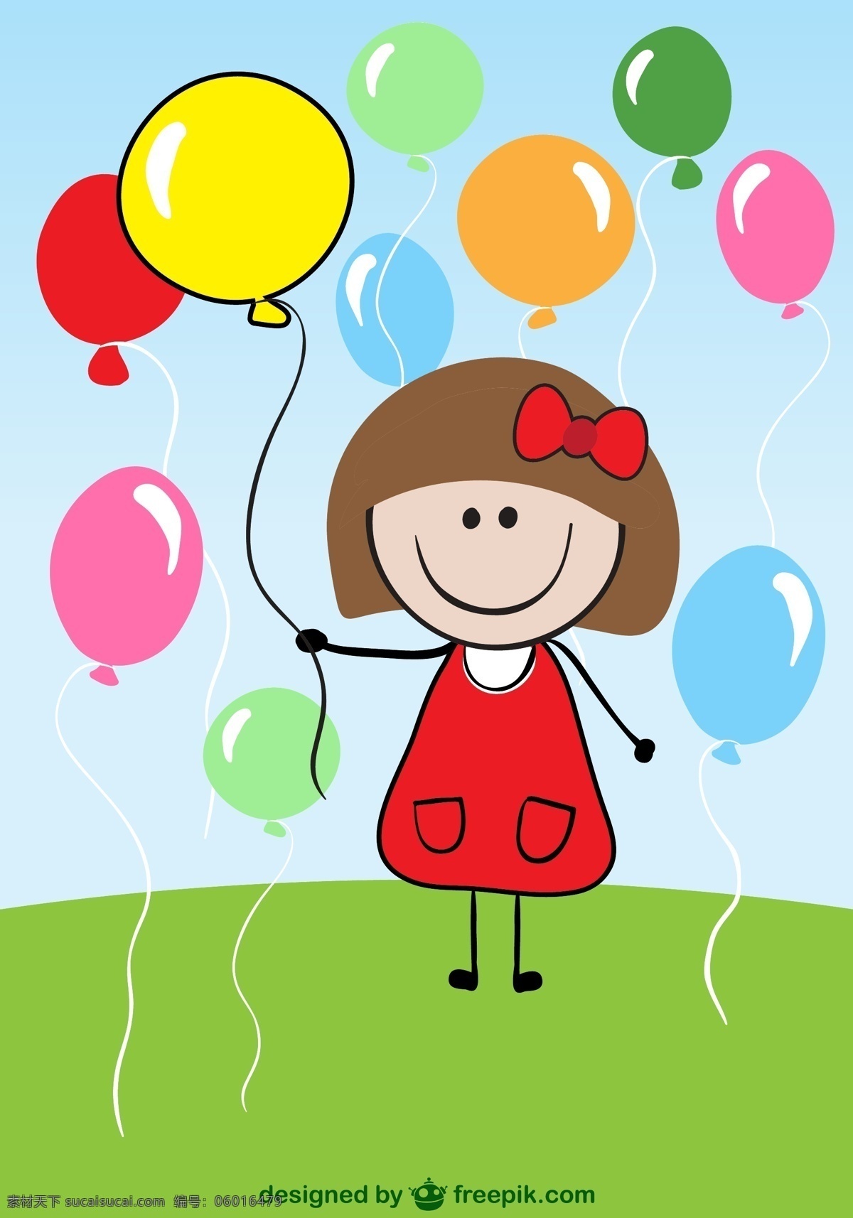 卡通 女孩 气球 包围 丝带 自然 绿色 天空 微笑 快乐 红色 字符 涂鸦 画画 玩 有趣 的卡 通 人物 插画领域 画
