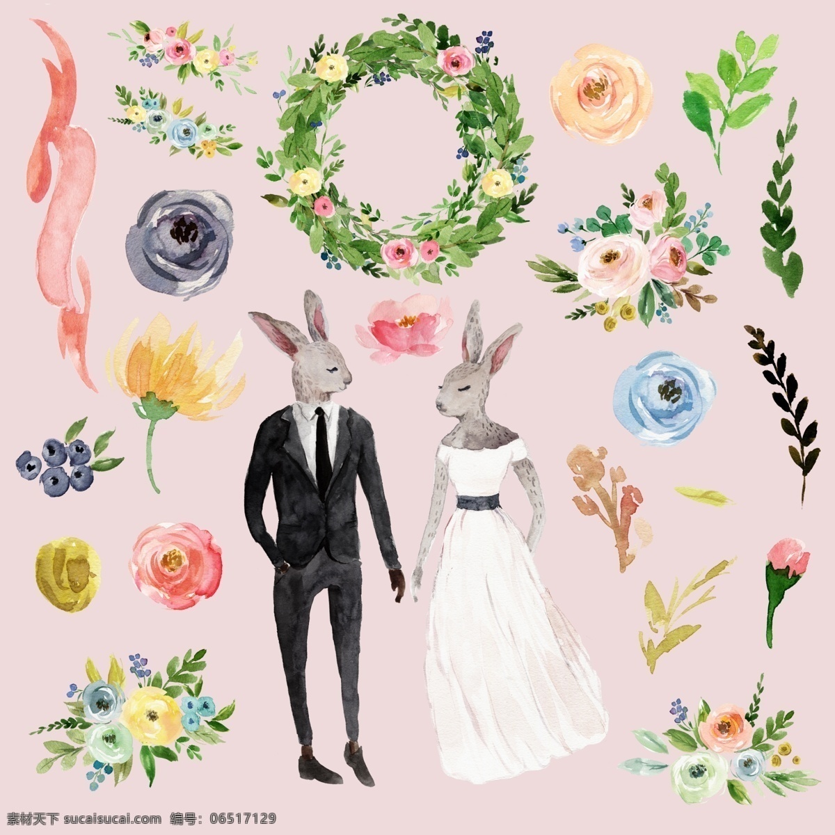 兔子婚礼插画 兔子 婚礼 结婚 婚纱 新娘 花朵 草 清新 插画 水彩 可爱