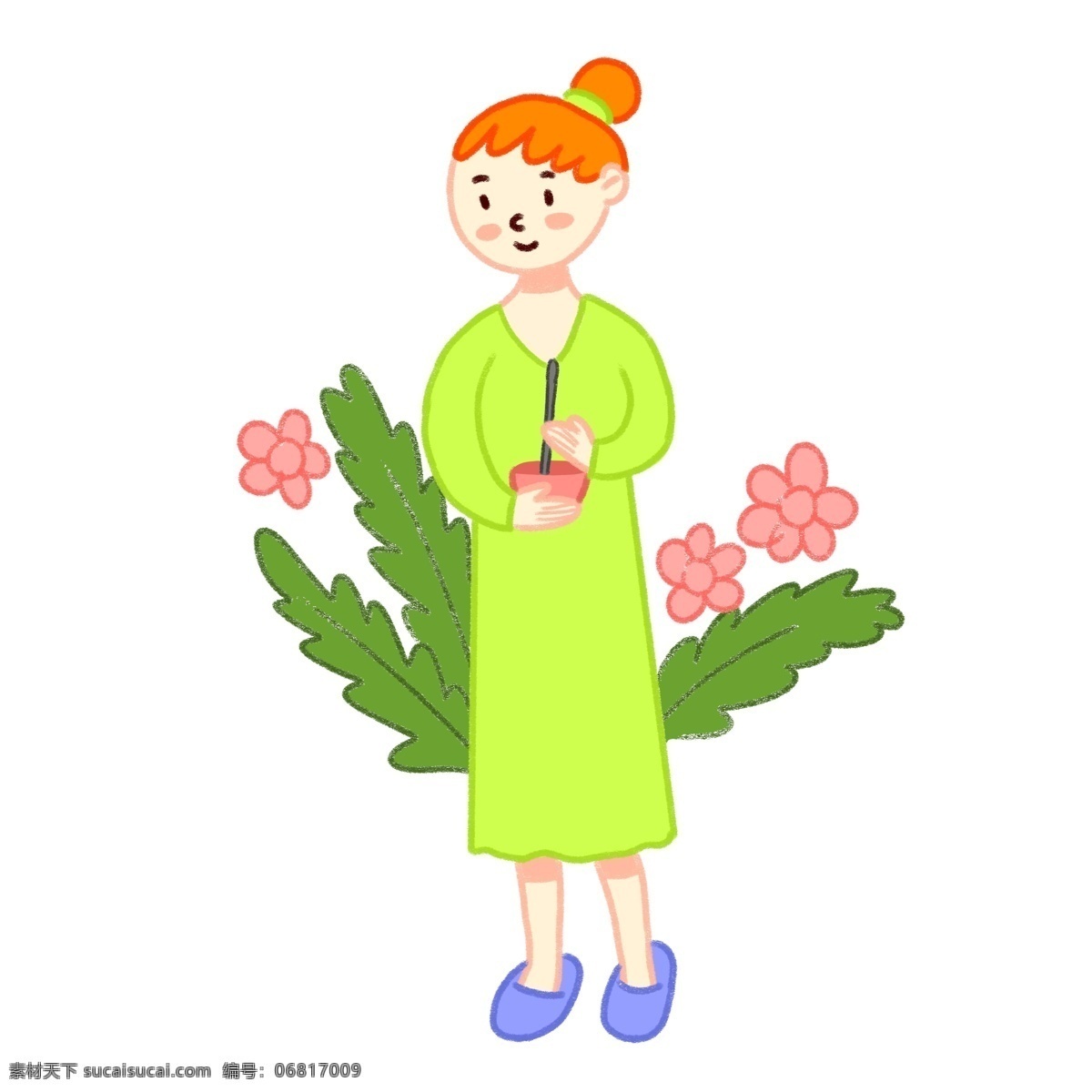 手绘 卡通 秋季 养生 泡茶 可爱 小清新 花朵 健康 矢量 免抠 绿色连衣裙 绿植 植物