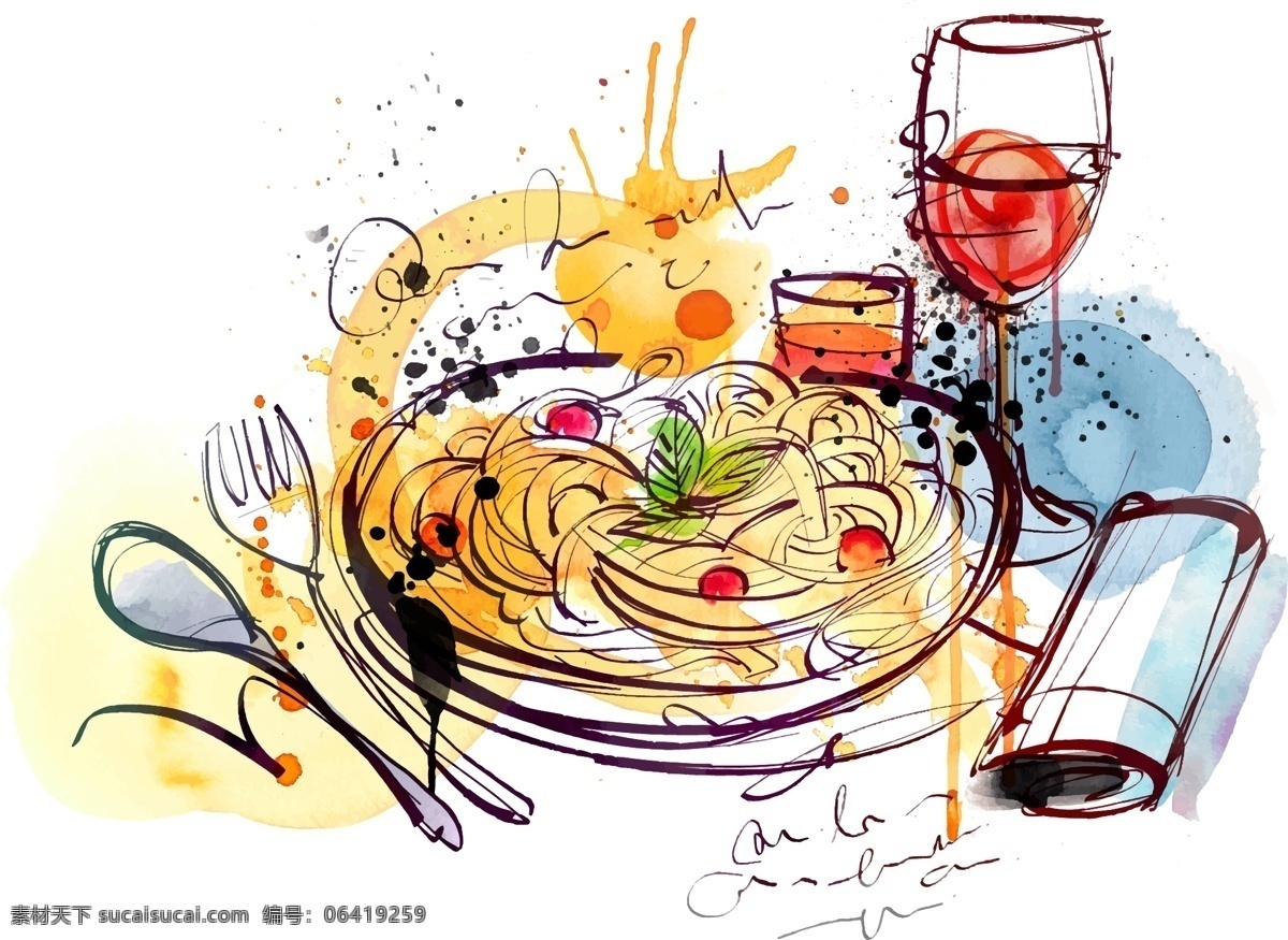 面条 西餐 现代 个性 涂鸦 矢量 餐盘 刀叉 彩色 手绘 创意