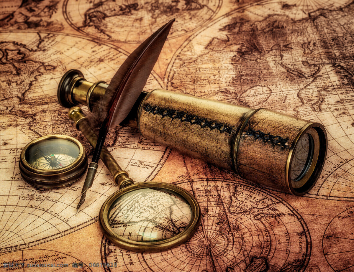 羽毛 放大镜 望远镜 西洋望远镜 指南针 地图 航海地图 怀旧 复古 航海 探险 古典 其他类别 生活百科