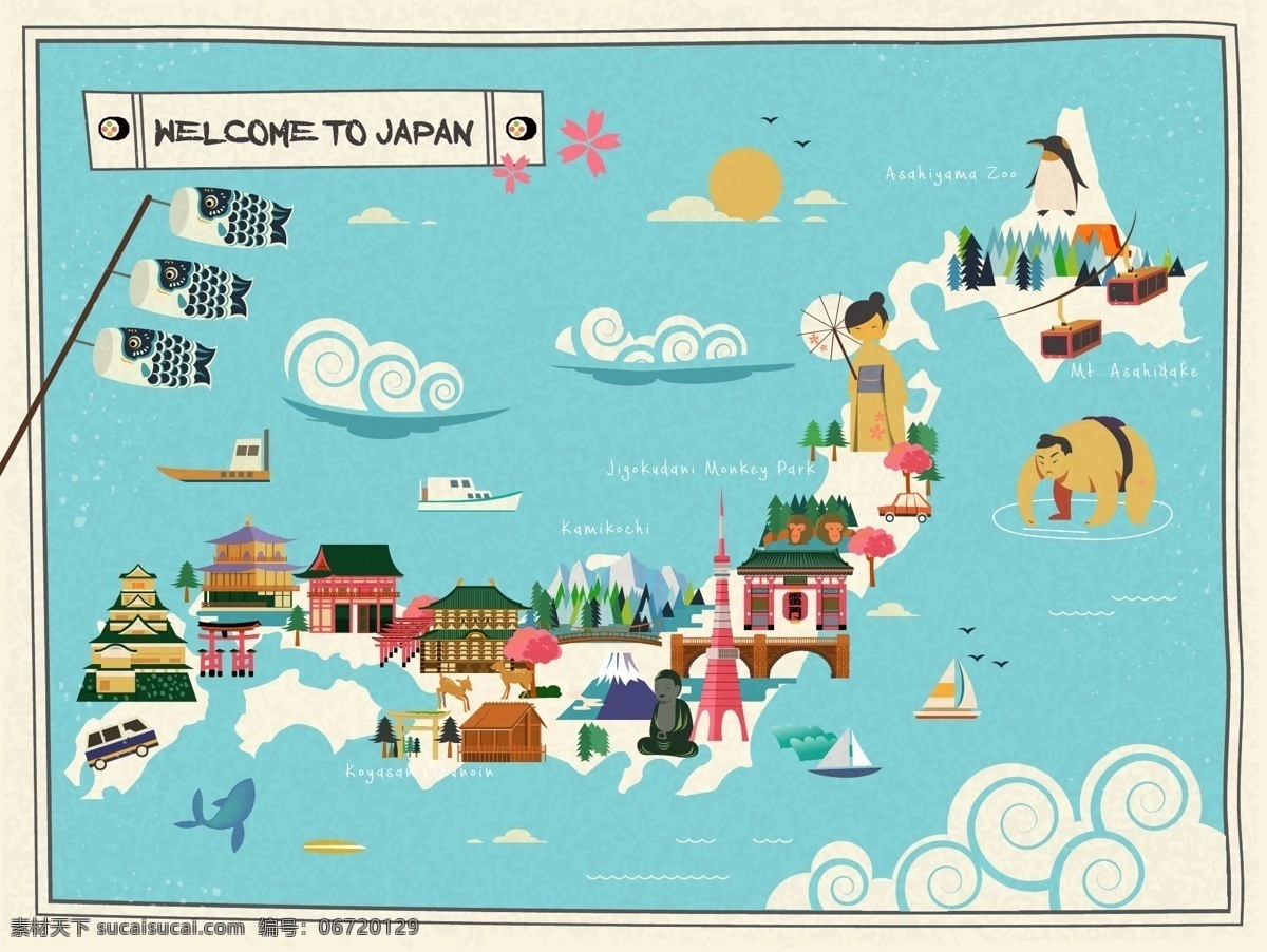 卡通 手绘 日本 旅行 地图 创意 旅游 特色 地标 建筑