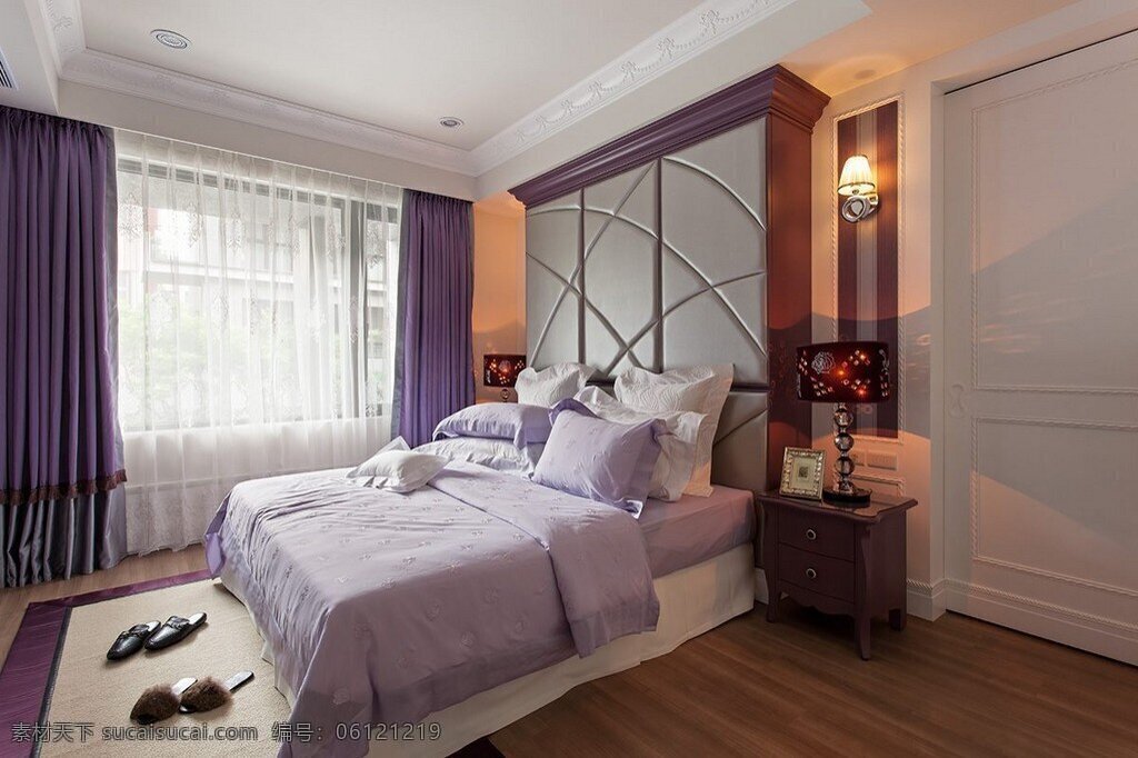 现代 时尚 卧室 紫色 窗帘 室内装修 效果图 卧室装修 木地板 浅色地毯 木制柜子