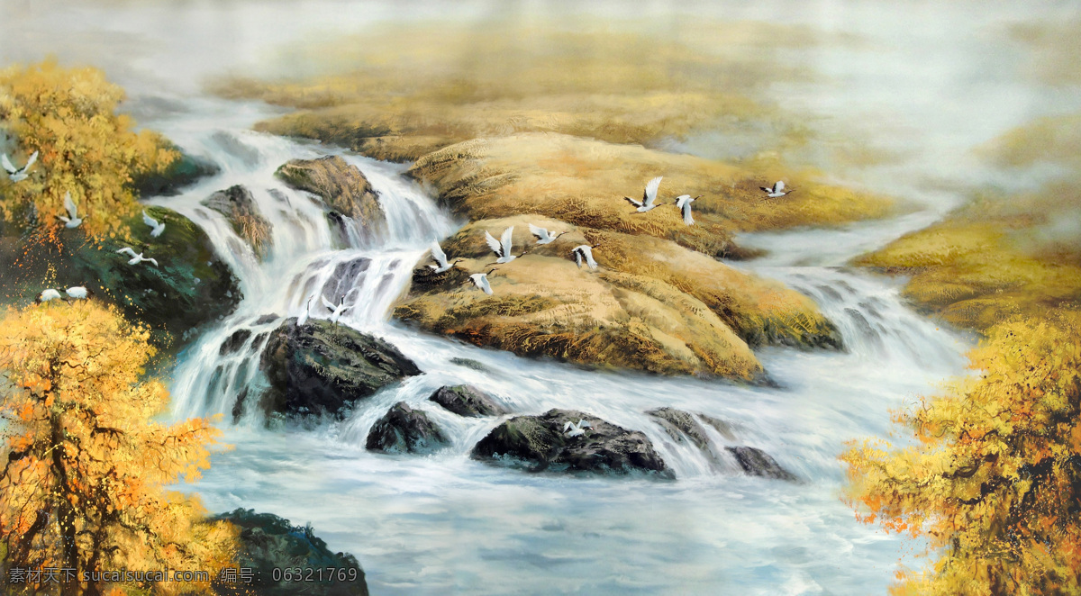 风景 绘画书法 金秋 流水 瀑布 秋景 文化艺术 金秋设计素材 金秋模板下载 山涧 鹤群 油画 油画作品 装饰素材