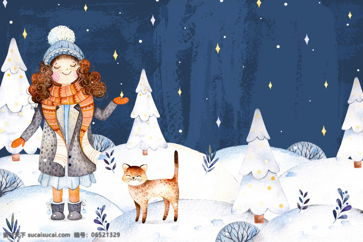 雪地 里 小女孩 小猫 卡通 童趣 儿童 招贴 插画 手绘 水彩 水粉 绘画 壁纸 墙纸 雪松 松树 树苗 小树 猫咪 大雪 下雪 星星 夜幕 冬天 冬季 帽子 围巾 寒冷 裙子 手套 大衣 靴子 雪地靴 女孩 姑娘 卷发 外国 笑眯眯 开心 圣诞节 底纹边框 背景底纹