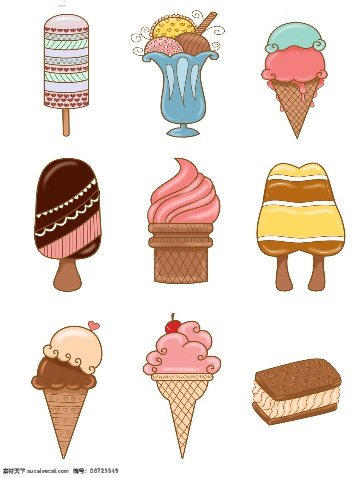 手绘 可爱 卡通 冰激凌 商用 冰淇淋 蛋糕 蓝色 装饰 粉色 巧克力色 甜点