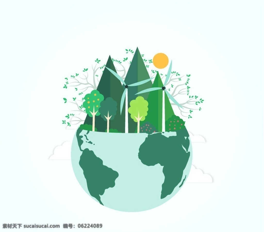 绿色 能源 地球 剪贴 画 矢量 树木 山 太阳 发电风车 生态环保 环保 风车 矢量图