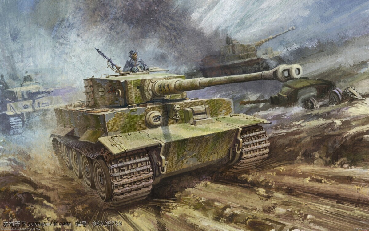 进攻 中 二战 德国 虎 式 坦克 高清 油画 战场 德军 插画集