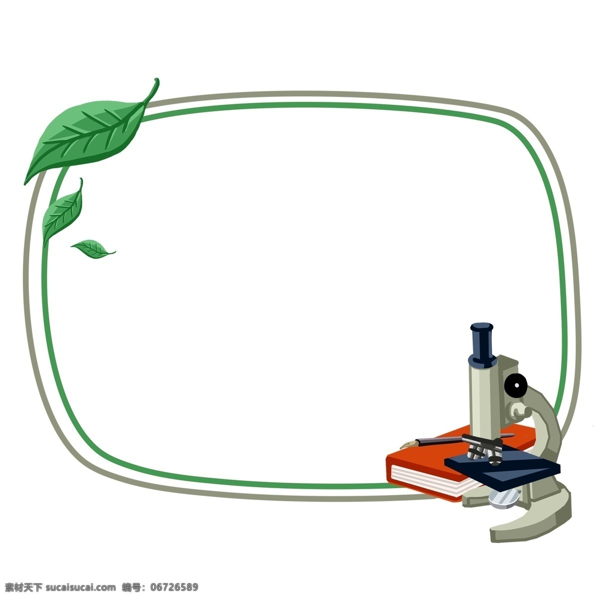 手绘 学习 生物 边框 绿色的边框 绿色的叶子 卡通边框 手绘学习边框 热爱学习边框 白色的显微镜