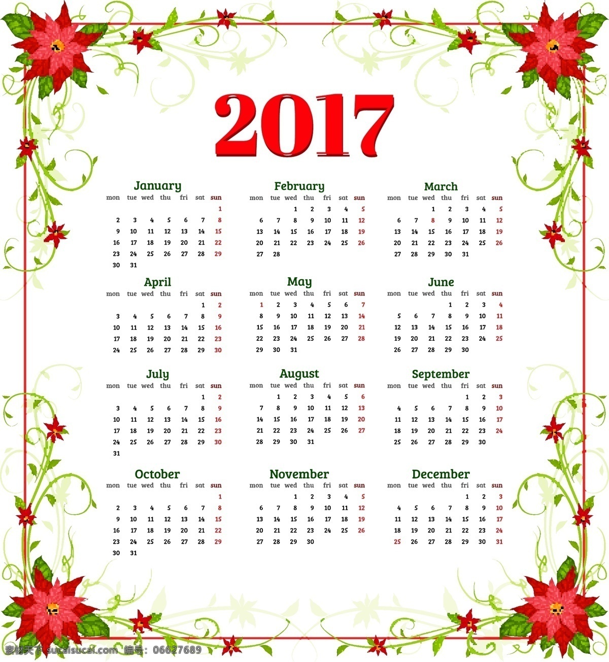 年历 日历 花朵 2017 年 矢量 节日素材 矢量模板 时尚矢量图片 节日 背景设计 矢量背景