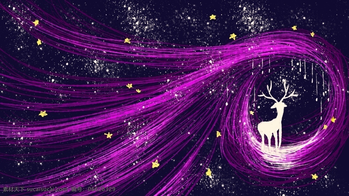 唯美 梦幻 自愈 白鹿 线圈 印象 星空 紫色 手绘 插画 星星 治愈 插图 配图 壁纸 原创