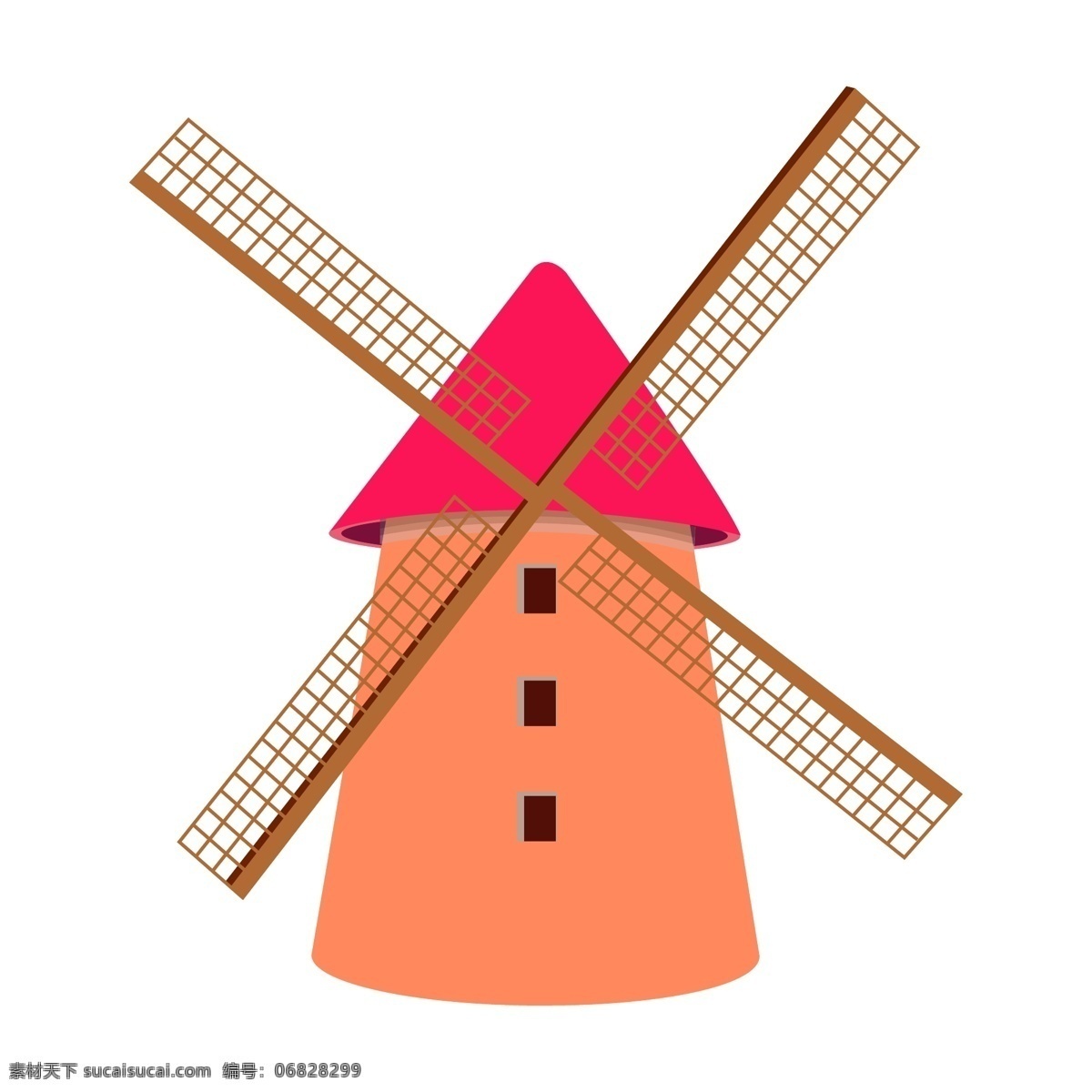 木质 镂空 风车 建筑 插画 木质的扇叶 环保风车 风车插画 风车发电 卡通插画 风力发电 粉色的建筑