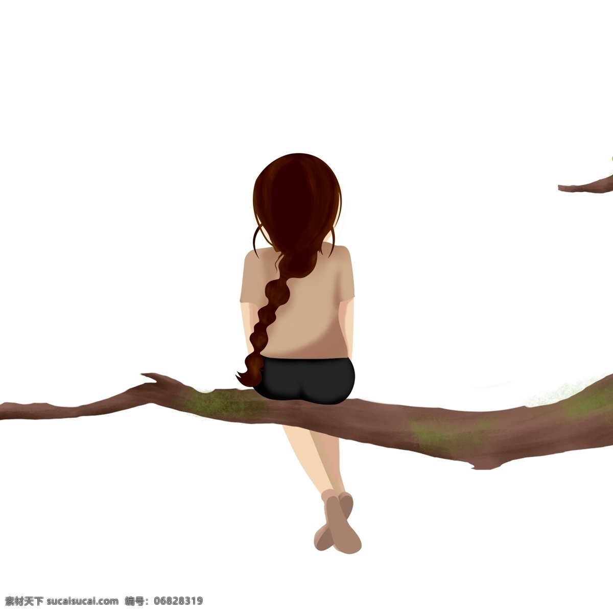 手绘 坐在 树干 上 女孩 背影 卡通 麻花辫 人物设计 插画设计