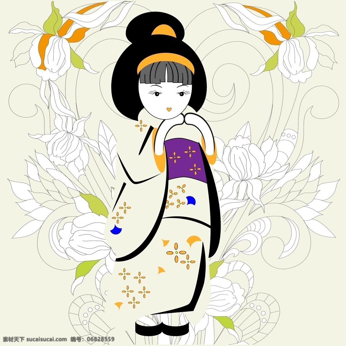 日本 和服 娃娃 矢量 彩绘 和风 花纹 女孩 日式 矢量图 手绘 矢量人物
