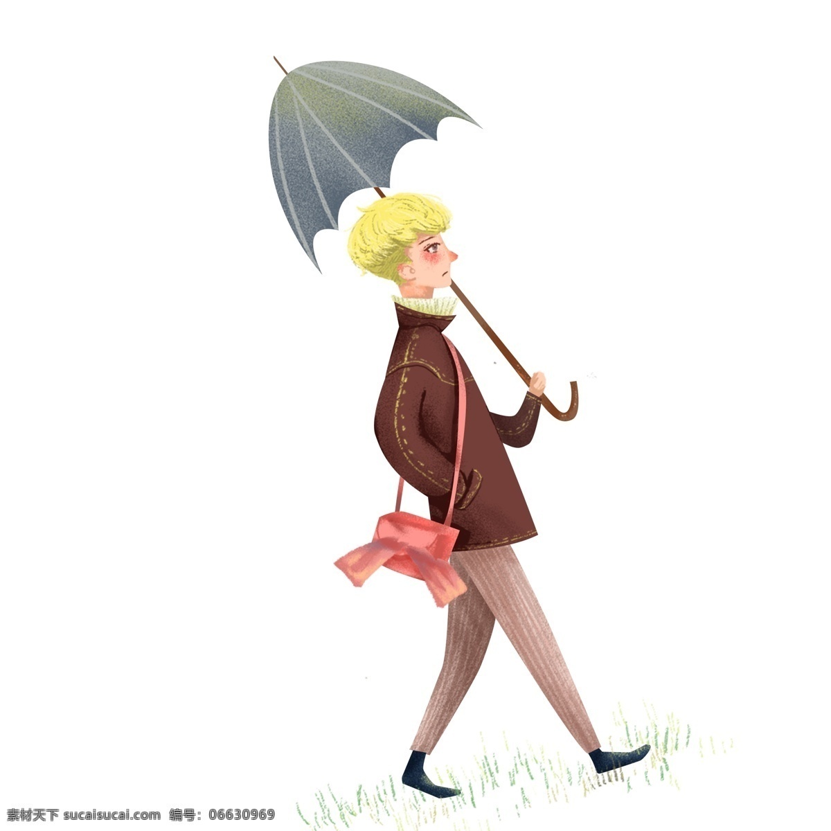 优雅 男士 散步 装饰 元素 装饰元素 手绘 雨伞 背包 斜挎 男子 短发 少年