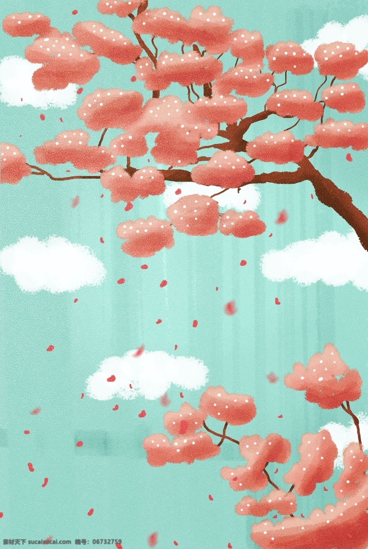 手绘 唯美 花树 海报 背景 树木 树枝 花瓣 白云 云朵