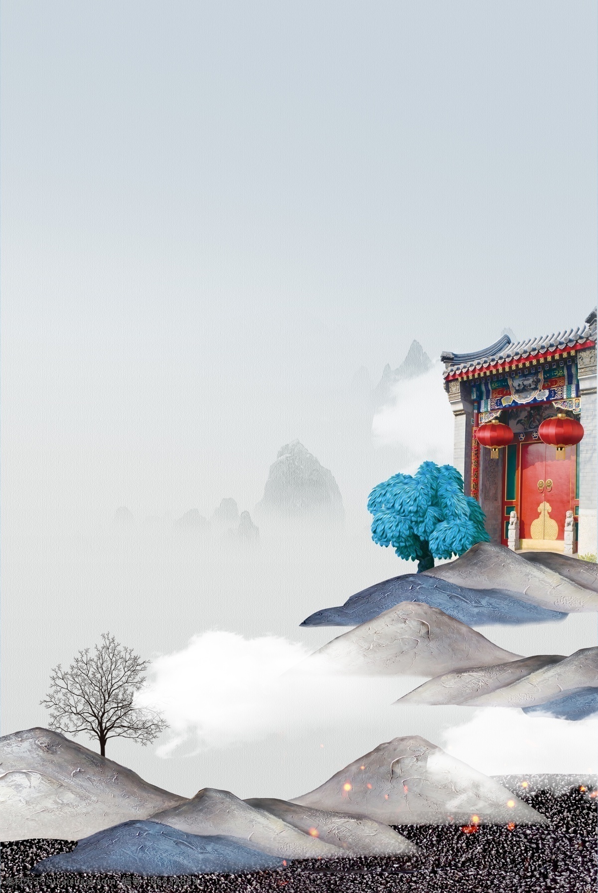 创意 抽象 房地产 海报 背景 合成 水墨 山水 别墅庭院 树木 简约 古朴