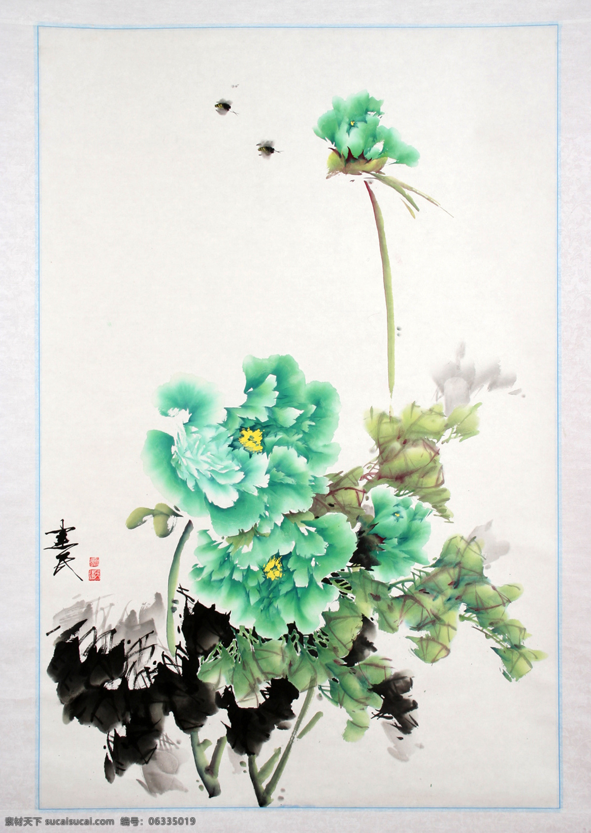 国画绿牡丹 国画 写意 绿牡丹 绘画书法 文化艺术