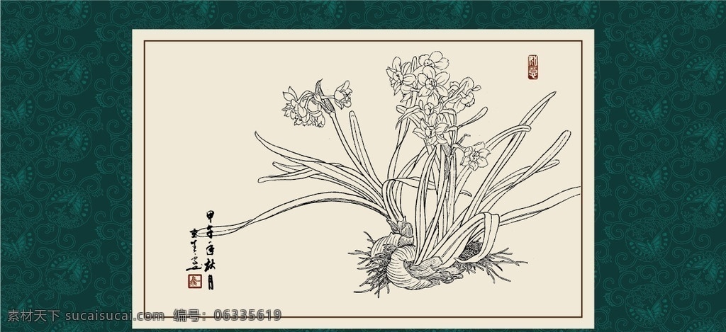 白描 线描 绘画 手绘 国画 印章 植物 花卉 工笔 gx150069 白描水仙 文化艺术 绘画书法