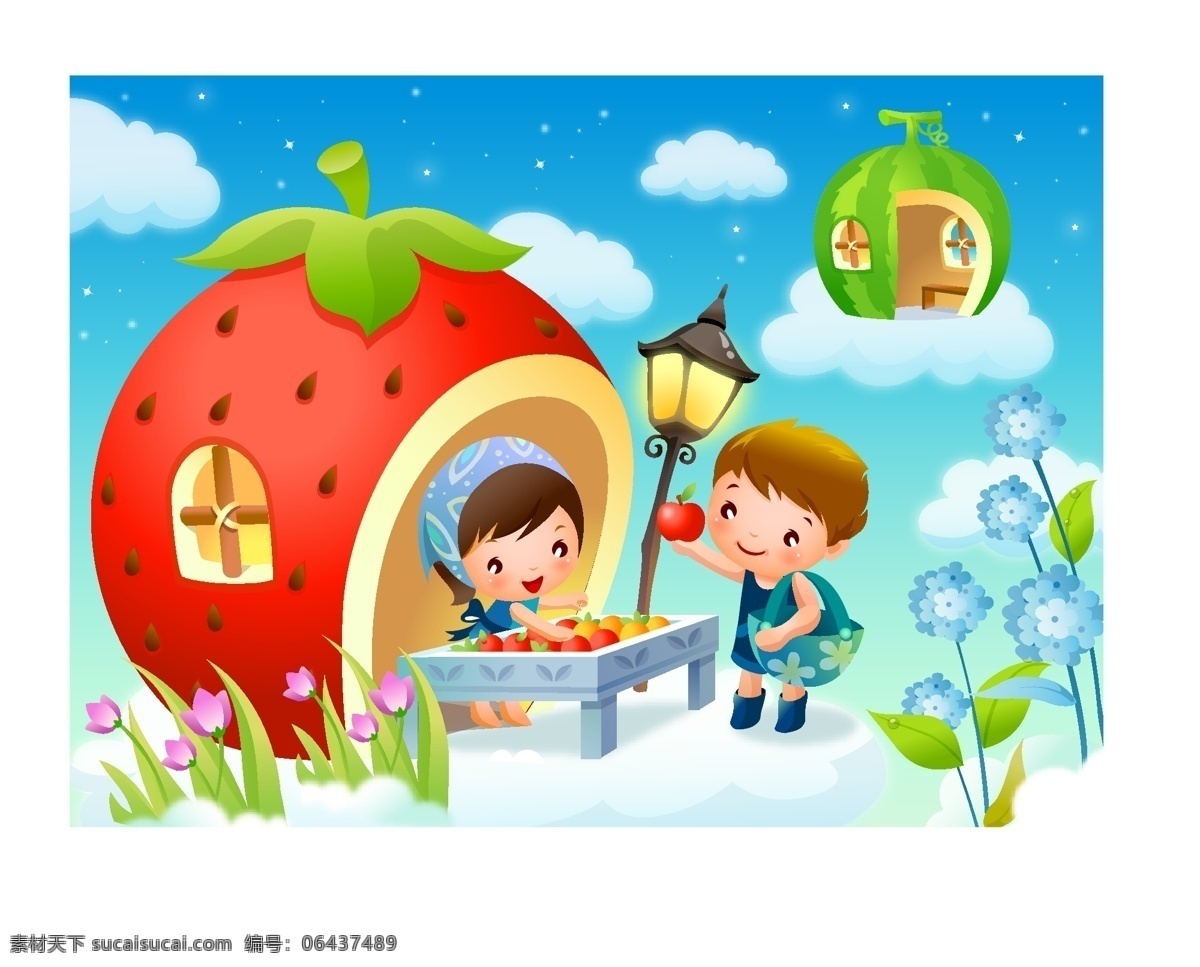 童话 草莓屋 孩子 插画 白色