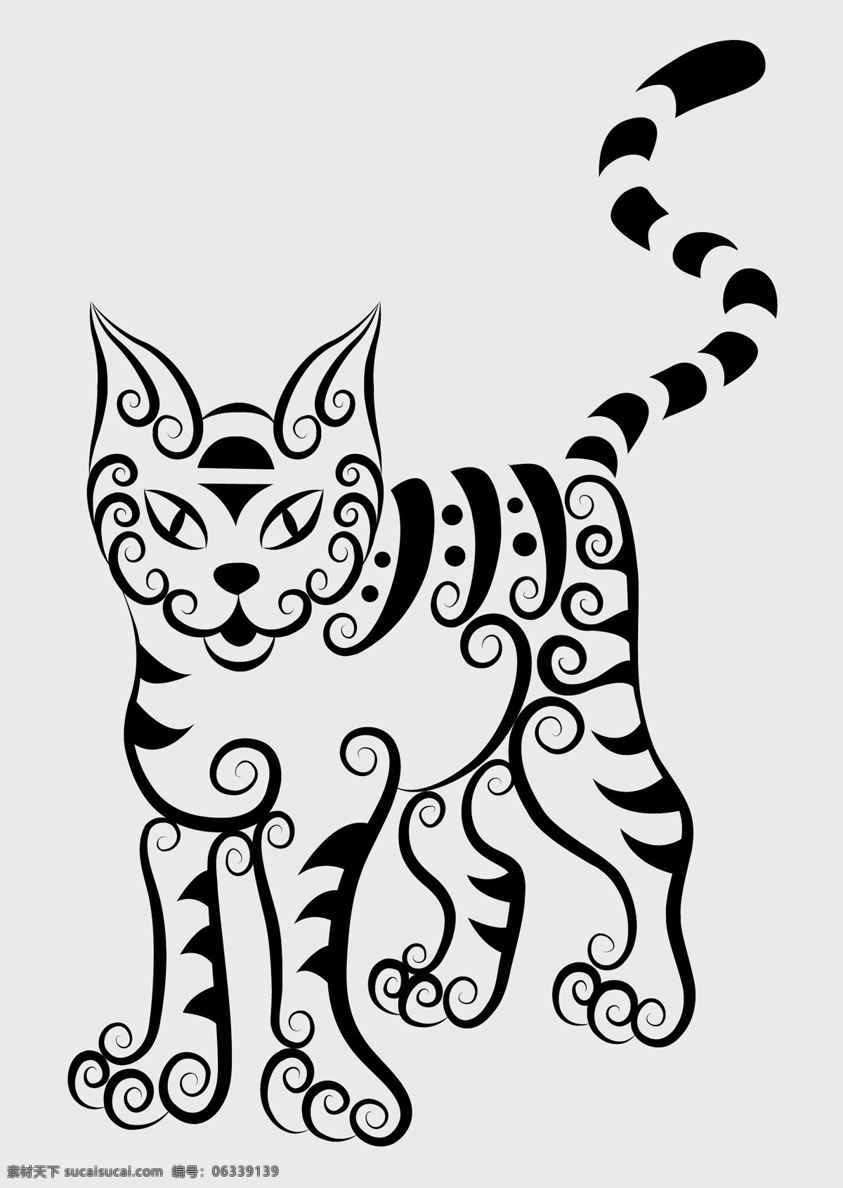 精美 花纹 猫 矢量 刺青 动物 剪影 矢量素材 手绘 图案 图形 纹身 线稿 线条 矢量图 其他矢量图