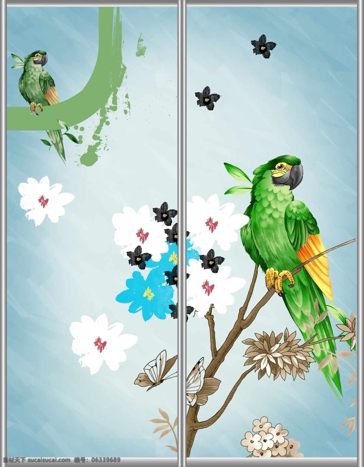 广告设计模板 花朵 卡通 可爱 梦幻 树杈 树枝 小鸟 移门 图案 模板下载 移门图案 移门汇 移门图 鹦鹉 源文件 家居装饰素材