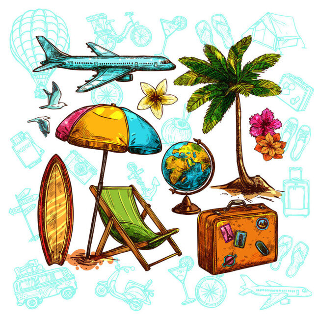 复古 箱子 椰子树 地球 飞机 卡通箱子 旅游箱 旅行箱子 行李箱 度假旅游 生活百科 矢量素材