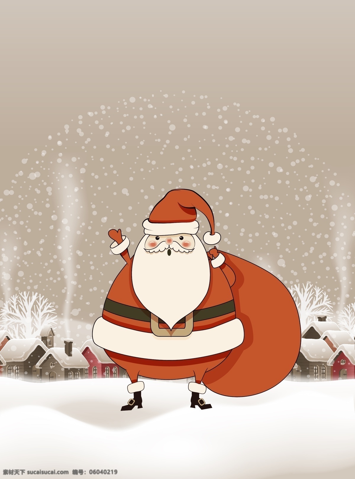 矢量 卡通 圣诞老人 圣诞节 背景 复古 圣诞 送礼物 咖色 雪景 海报