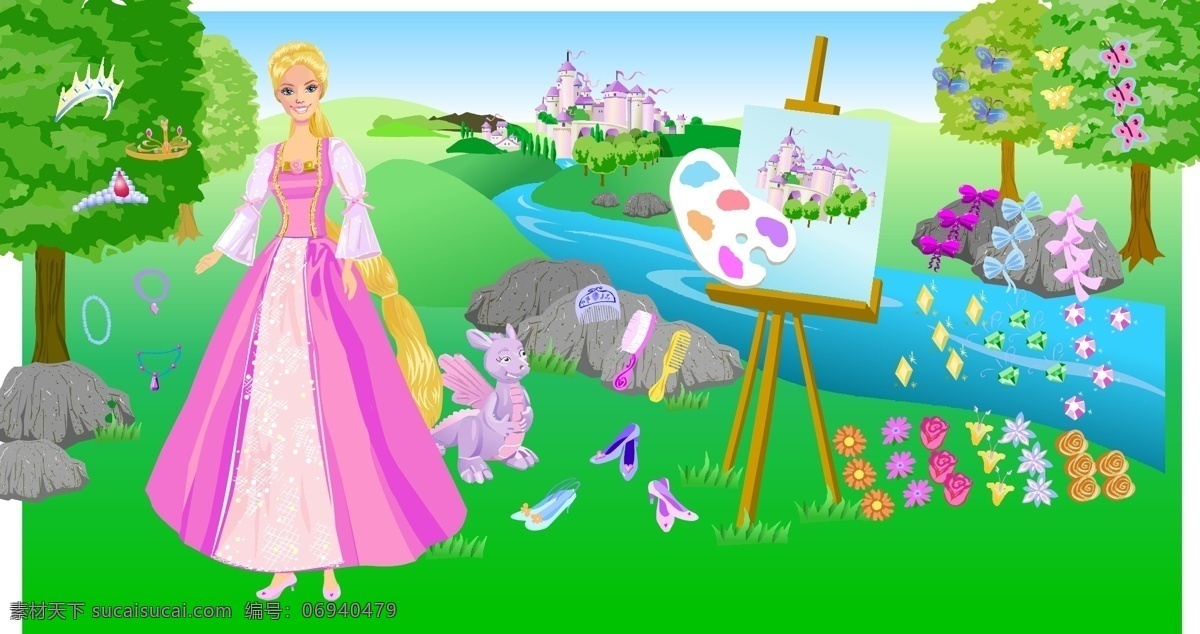 芭比公主 公主王子 城堡 河流 树 芭比 王冠 玫瑰 恐龙 画架 石头 天空 矢量卡通 卡通设计 矢量