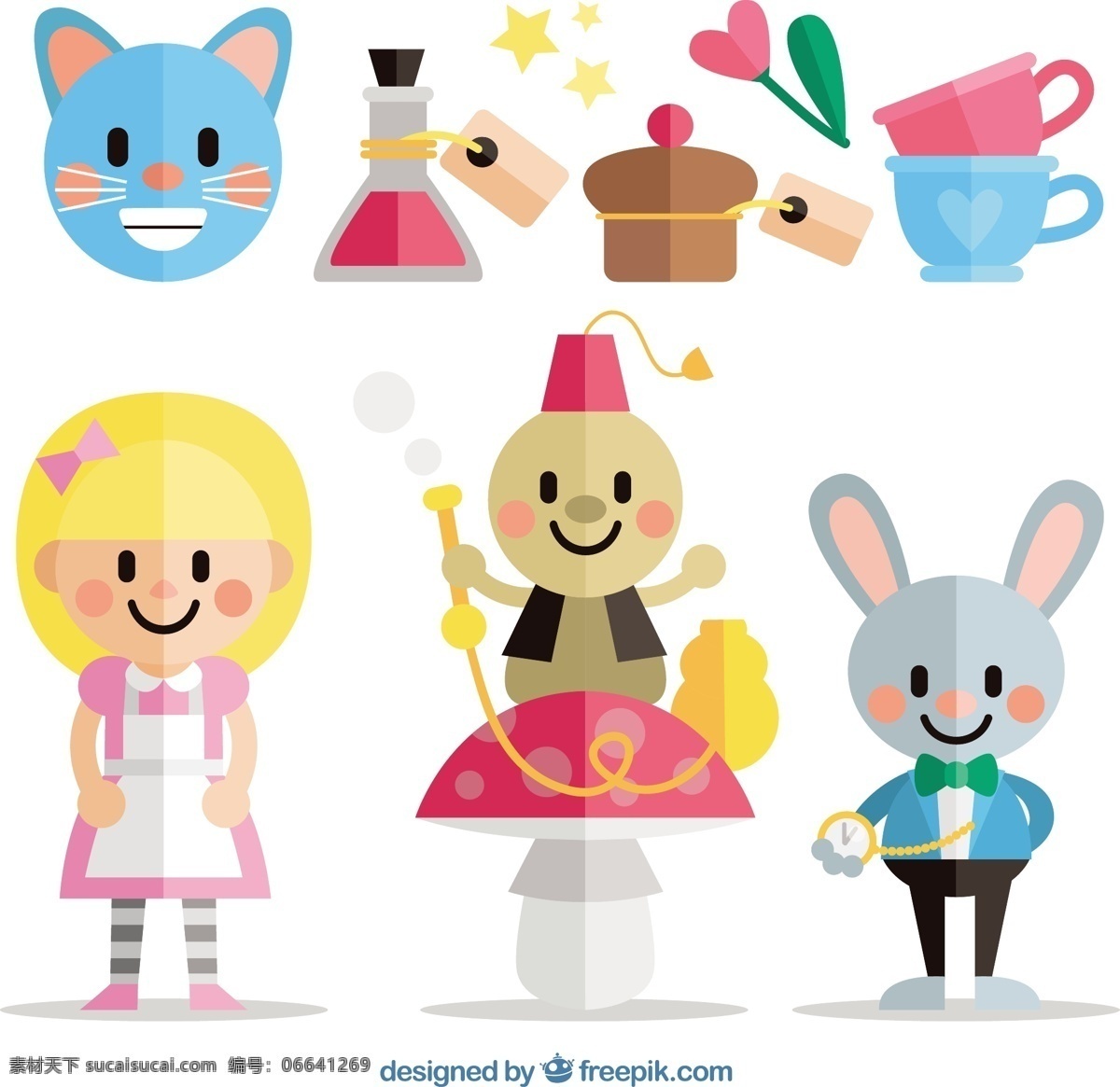 爱丽丝 梦游 仙境 角色 猫 可爱的蛋糕 孩子 平的 创造性的 兔子 梦想 平面设计 创意 童话 人物 故事 幻想 想象 可爱的女孩 可爱的