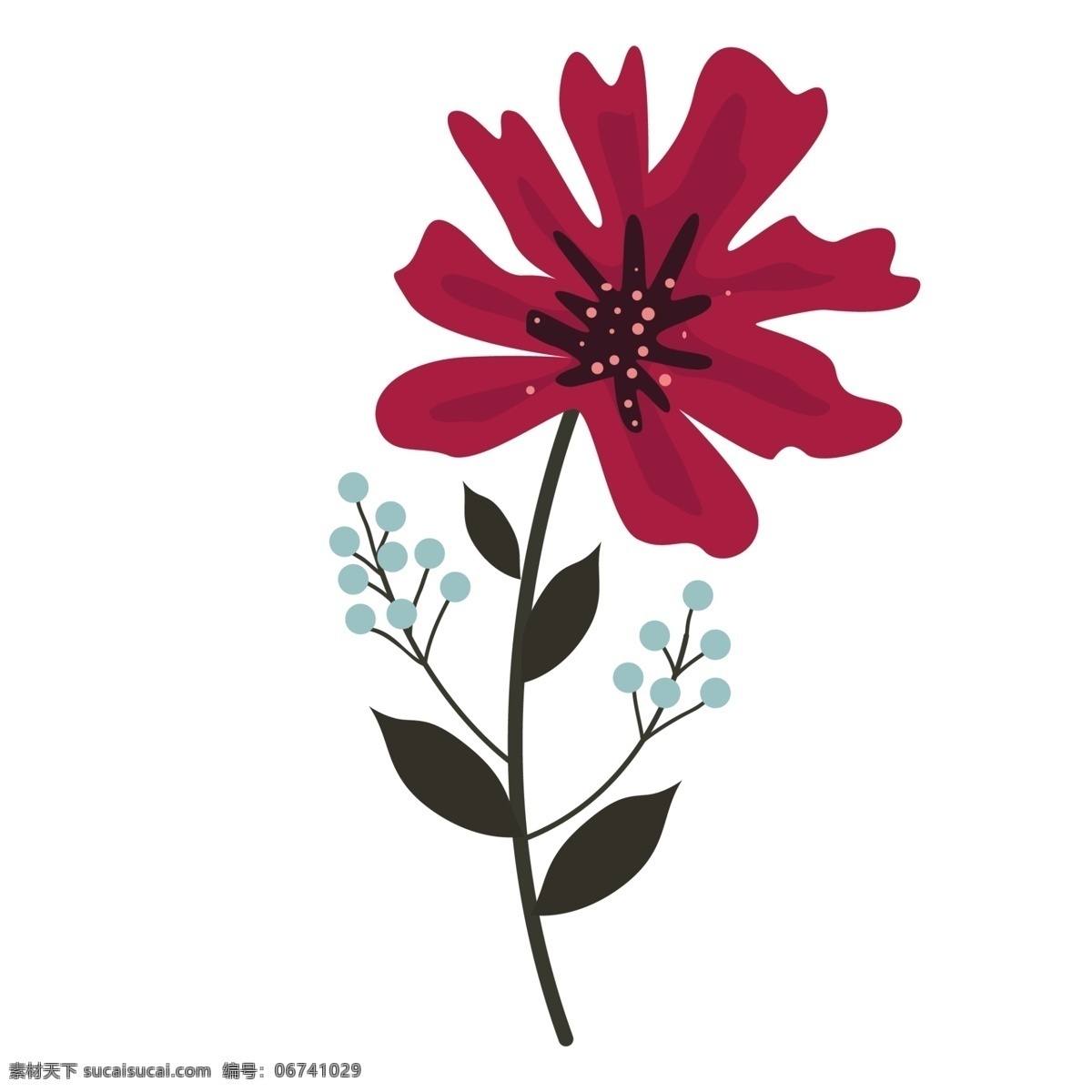 好看 株 深 红色 花朵 卡通花朵红色 植物 彩色 卡通花朵 手绘花朵 绿色枝叶 一株植物 手绘卡通免抠