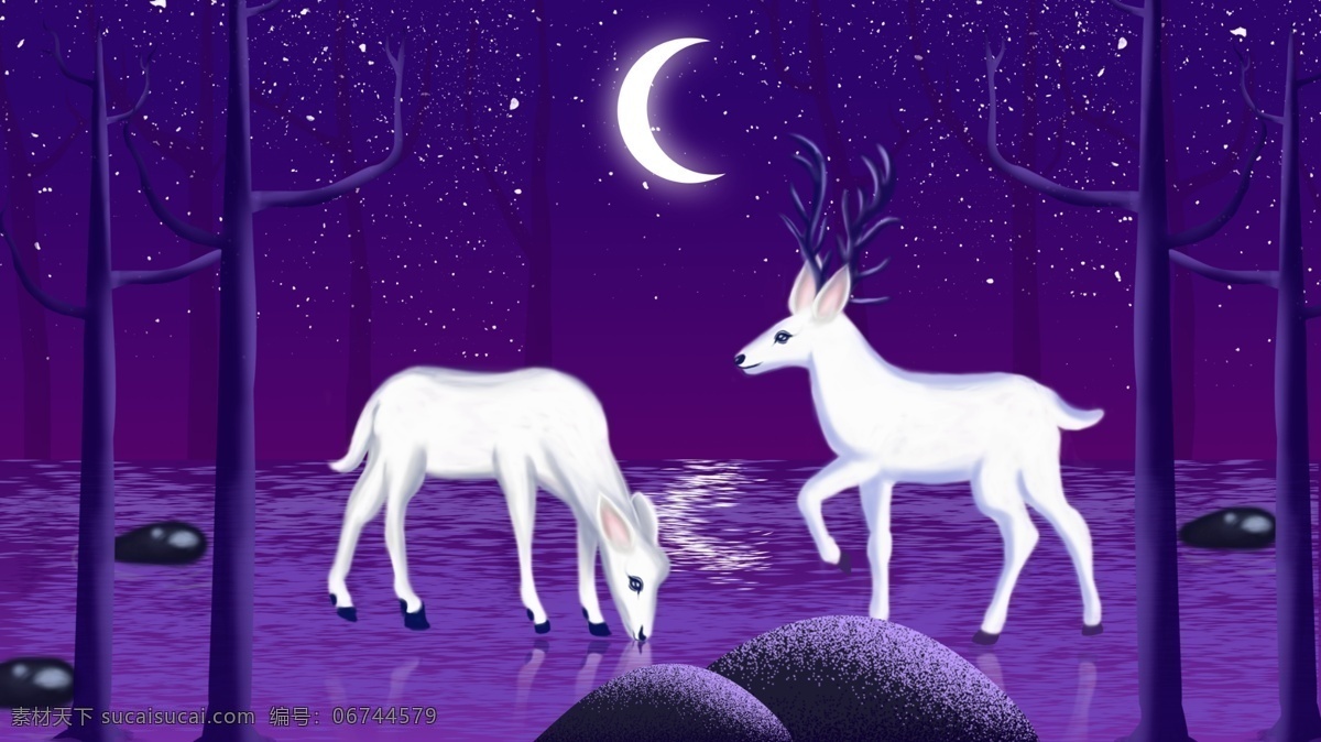 梦幻 白鹿 治愈 插画 情侣 月亮 夜晚 树林 石头 鹿 小溪 树