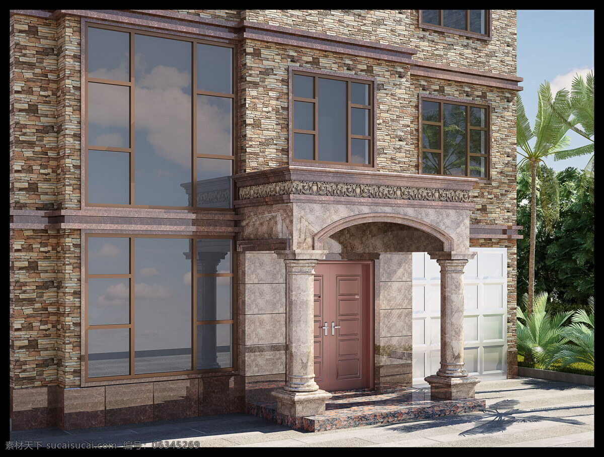 门 头 效果图 3d设计 大理石 罗马柱 欧式 铜门 英国红棕 3d模型素材 其他3d模型