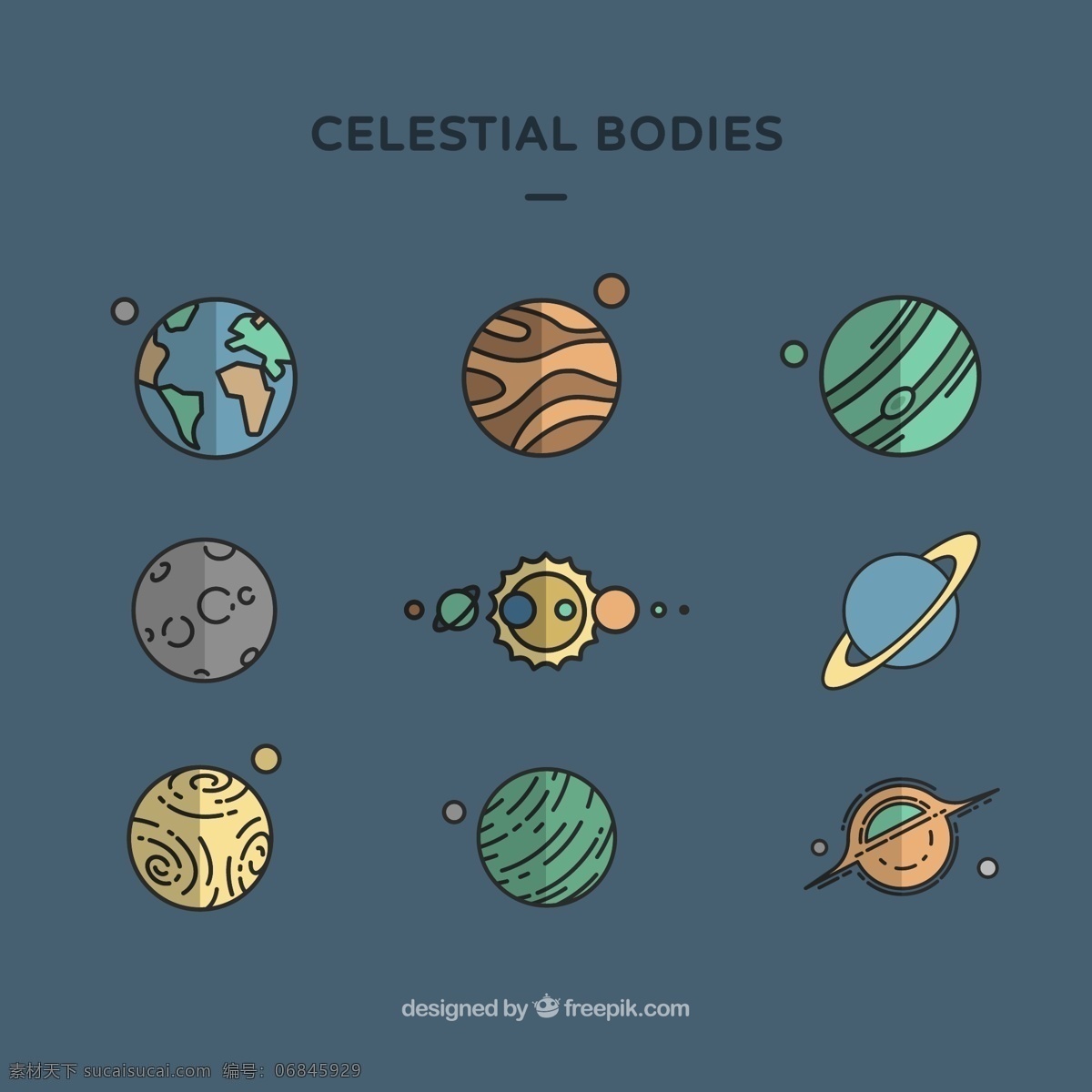 卡通九大行星 扁平化天体 水星 金星 地球 火星 木星 土星 天王星 海王星 太阳系 天体 图标 扁平化 蓝色