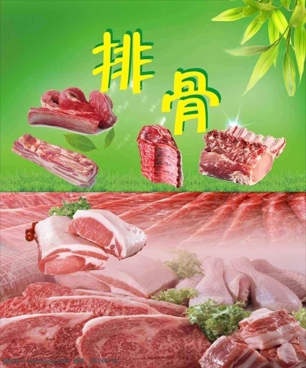 排骨 前腿肉 后腿肉 五花肉 瘦肉 树叶 绿色背景 矢量