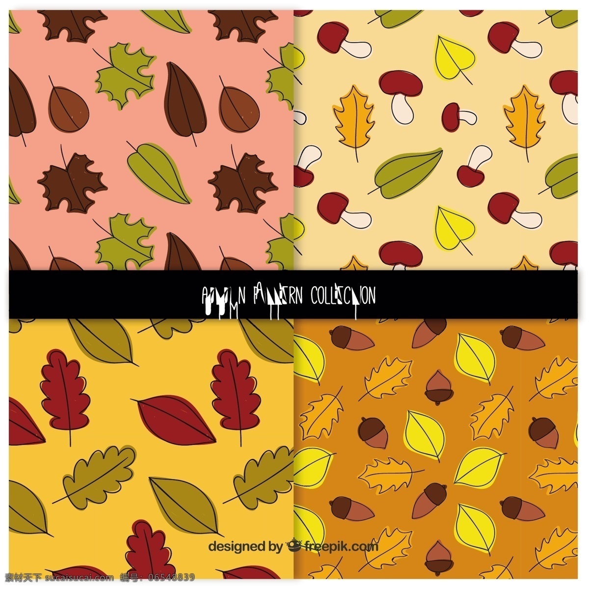 手绘 秋季 模式 经典 集 背景 图案 手 叶 自然 可爱 秋天 树叶 五颜六色 装饰 多彩的背景 绘画 无缝图案 自然背景