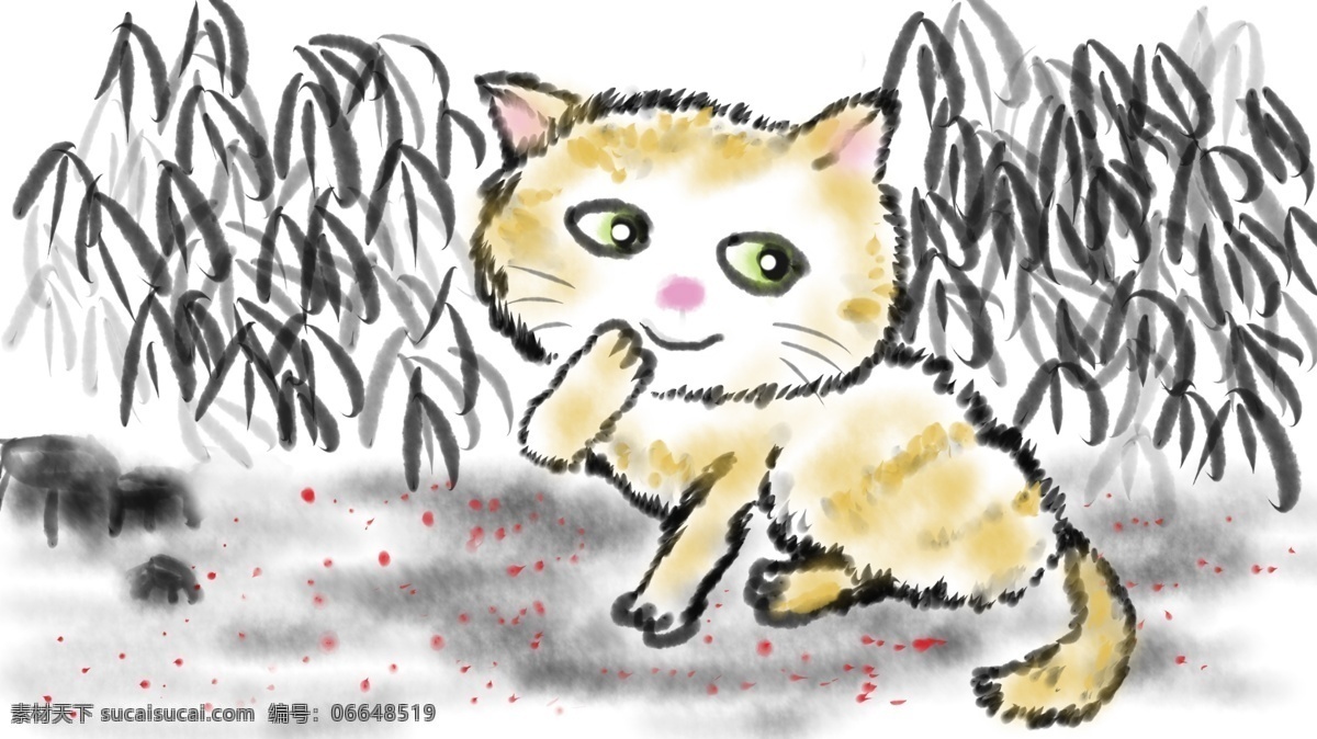 中国 风 水墨 国画 猫 中国风 插画 手绘